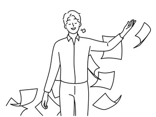 Happy businessman throw papers feel relieved 