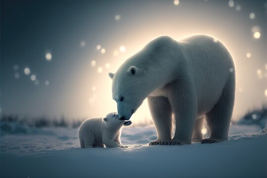  a polar bear and her cub are standing in the snow at night with the moon shining behind them and the stars in the sky above them, and behind them, a polar bear is looking at.  generative