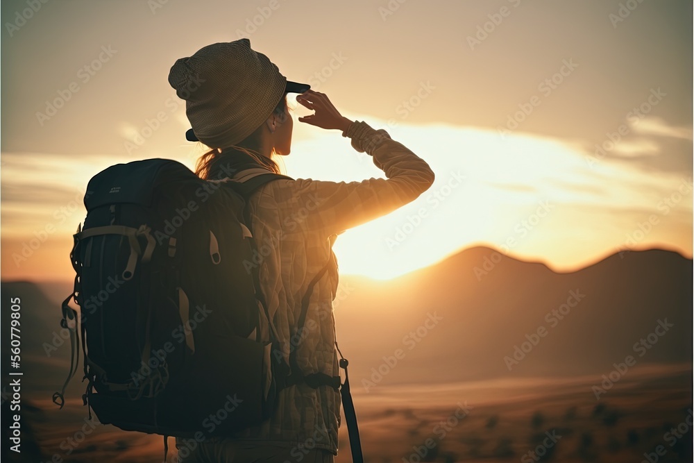 Poster a person with a backpack and a backpack looking into the distance at the sun set in the distance wit