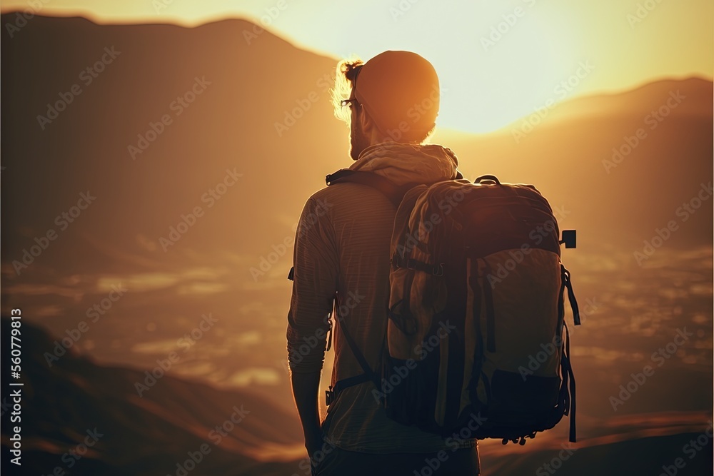 Poster a person with a backpack looking at the sun in the distance with mountains in the background and a v