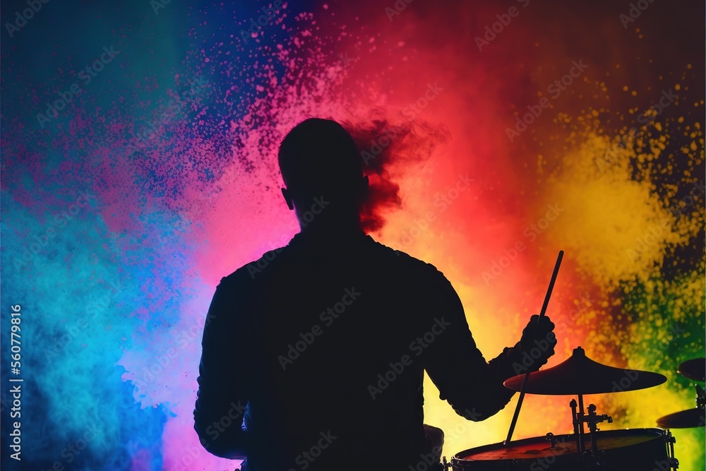 Poster a man with a drum set in front of a colorful background of smoke and powders on a drum set in front 