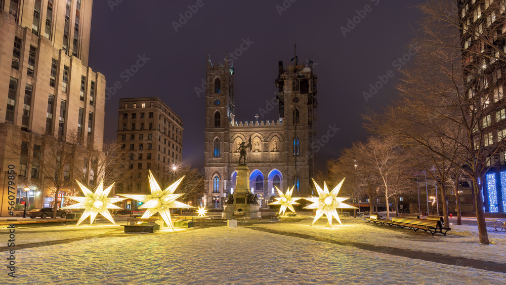 Wall mural montreal, winter decorations of the place d'armes in front of notre-dame cathedral,