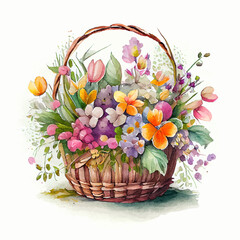 Cute watercolor basket with spring flowers