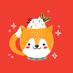 Fox mug. Christmas cute cocoa chocolate cup. Childish print for cards, stickers, apparel, decoration. Cute menu illustration. Cute mug element, New year or winter holiday vector illustration