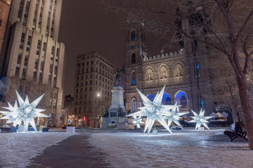 Montreal, winter decorations of the Place d'Armes in front of Notre-Dame Cathedral,