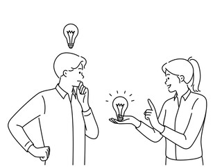 Smiling woman with lightbulb help male with idea