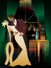man and woman dancing in the background of the window, party, art deco, couple dressed in retro style