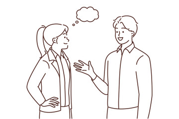 Smiling employees talking discussing ideas 