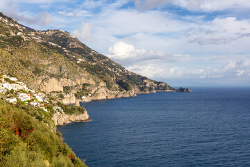 Naklejka na ściany i meble Touristic Town, Vettica Maggiore, on Rocky Cliffs and Mountain Landscape by the Tyrrhenian Sea. Amalfi Coast, Italy.