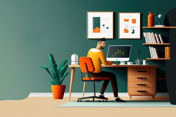 A freelancer man works behind a laptop. Home office workplace. Work form home. (ai generated)