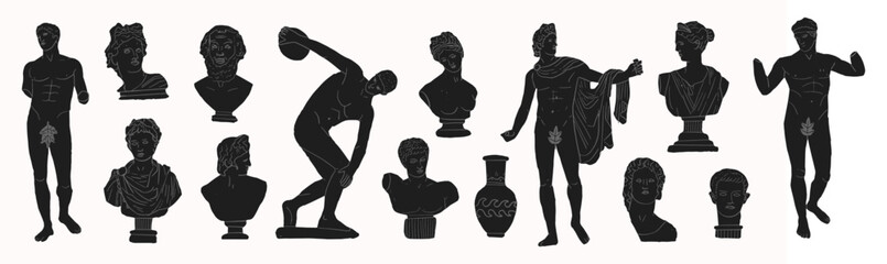 Set of ancient greek statue and classic vintage monument shapes in black color. Greece culture antique illustration collection. Historical flat cartoon drawing bundle.Antique art design elements © Alesia