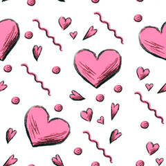 Red pink hearts as romantic cute sweet cartoon doodle pattern white background wallpaper backdrop illustration for Valentine's Day love creative design