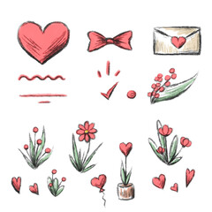 Set of romantic pink cute elements, doodles like heart, flowers and plants, cartoon icons for Valentine's Day design, hand drawn like illustration