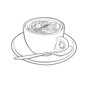 Cup of coffee with a rosetta. Latte art sketch. Illustration on transparent background