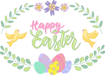 Happy Easter lettering composition. Floral decorative elements with birds and eggs. Vector isolated color illustration in outline style.