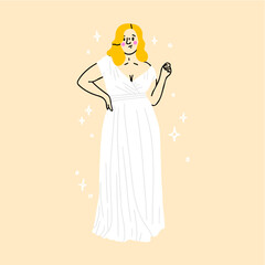 Big chubby bride with pretty plus-size bodies. Diverse plump female beautie with fat curvy figure. Modern bridal look. Woman standing in white wedding dress.Vector illustration