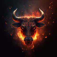 angry bull head with fire