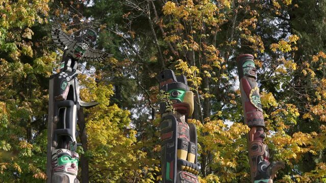 Stanley Park Totem Poles in Autumn 4K UHD. Stanley Park totem poles with autumn leaves, Vancouver, British Columbia, Canada. 4K, UHD,