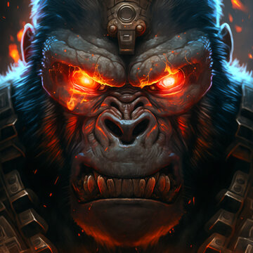 Angry gorilla face closeup with fire, generative ai