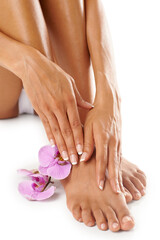 Hands, feet and woman with flower and beauty, manicure and pedicure spa treatment zoom with nails...