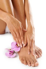 Poster Hands, feet and woman with flower and beauty, manicure and pedicure spa treatment zoom with nails and healthy skin. Natural cosmetics with organic skincare, nature and cosmetic care with wellness © Tasneem/peopleimages.com