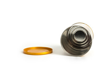 Empty can with plastic lid on a white