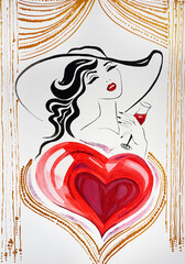 Drawing of bright brunette woman holding a glass of red wine. Big heart of love. Picture contains interesting idea, evokes emotions, aesthetic pleasure. Canvas stretched. Concept art painting texture