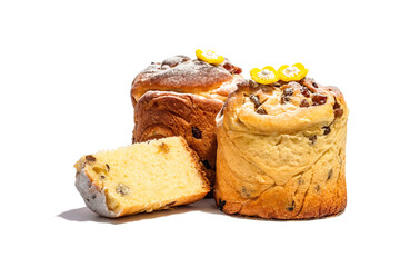 Easter cake Cruffin or sweet bread kulich and traditional painted eggs. Baking and cherry flowers