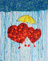 Drawing of bright hearts in love go under an umbrella, the rain. Valentines day. Picture contains interesting idea, evokes emotions, aesthetic pleasure. Canvas stretched. Concept art painting texture