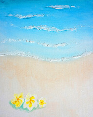 Drawing of bright sea shore, white waves, tropical flovers on clean sand. Perfect Picture contains interesting idea, evokes emotions, aesthetic pleasure. Canvas stretched. Concept art painting texture - 560782480