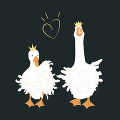 Couple of cute Sebastopol goose in crowns. Cartoon fantasy bird couple. Vector illustration - obrazy, fototapety, plakaty