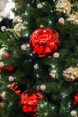 Christmas tree background and Christmas decorations in the mall. Colorful shiny red balls and luminous garland on green fir. New Year theme