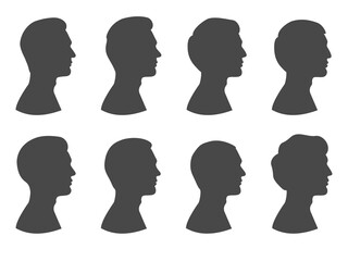 Collection of silhouettes of men with different hairstyles. Mens's profiles set. Illustration on transparent background