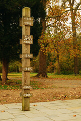 A wooden post shows visitors the high water marks of several severe floods that have occurred...