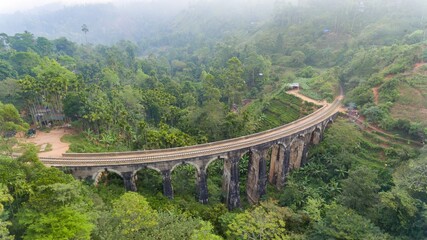 Aerial view of famous Nine Arches Bridge of Sri Lankan railway.One of the best examples of colonial-era railway construction in the country. 