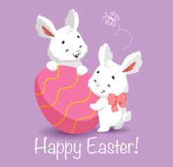 Happy easter card with cute white bunnies and easter egg. Cartoon character rabbit.