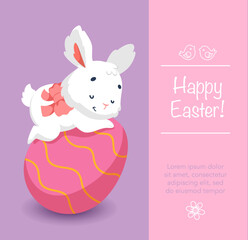 Happy easter card with cute white bunnies and easter egg. Cartoon character rabbit.