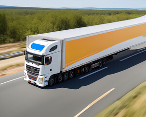 Massive truck transports goods on highway. 