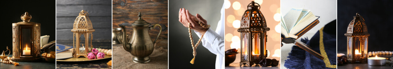 Collage of Quran book with Muslim lamps, tasbih and teapot. Ramadan celebration