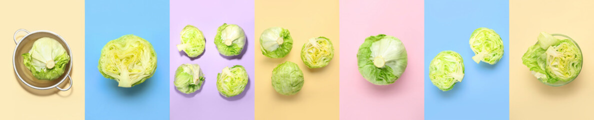 Fototapeta premium Collage of iceberg salad on color background