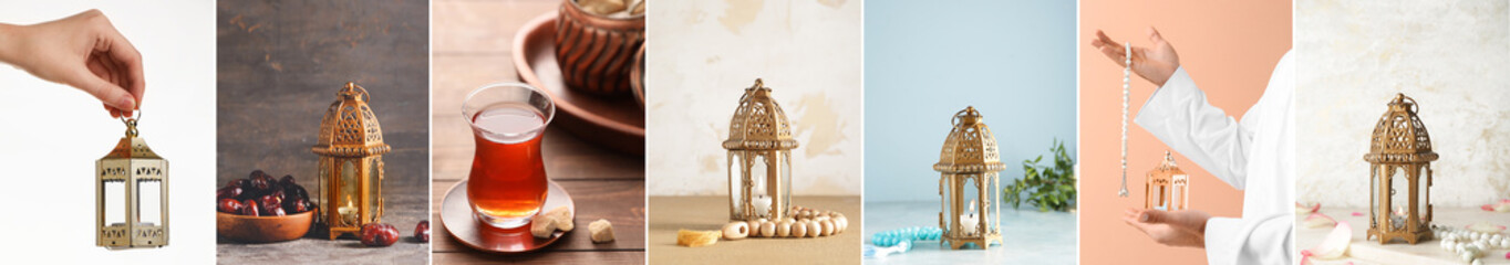 Collage of  Muslim lamps, tasbih, dates and tea. Ramadan celebration