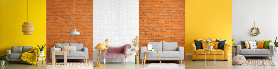 Collage of new sofas in stylish interiors of living room