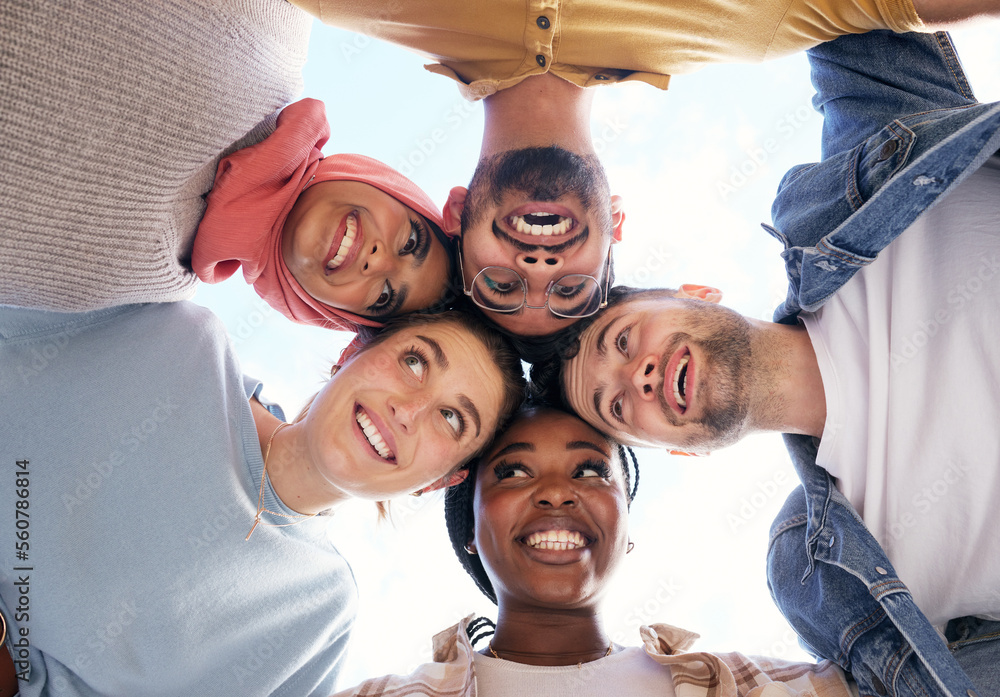 Wall mural Diversity, partnership or happy students with goals, educational community or hope for future success. Faces, funny or school friends on university or college campus with a group mission or vision