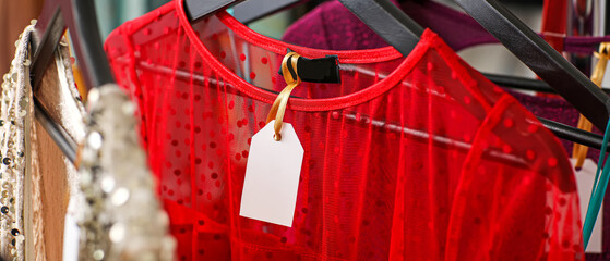 Elegant female clothes with blank paper tag in shop, closeup