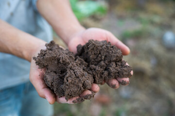 Hand holding soil with nature background.