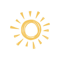 Doodle sun sketch illustration. Hand drawn cute orange sunshine. Scribble doodle children drawn style. Vector illustration