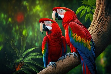 Red macaw parrots in love perched on a tree. Generative AI - obrazy, fototapety, plakaty