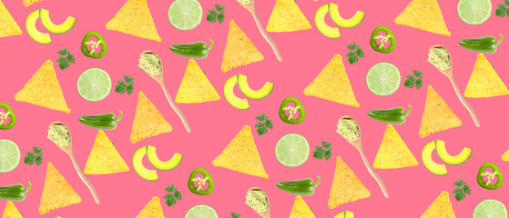 Tasty nachos with limes, avocados, jalapeno peppers, cilantro and guacamole sauce on pink background