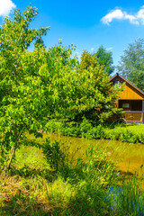 Vacation home wooden house in forest by lake river Germany.