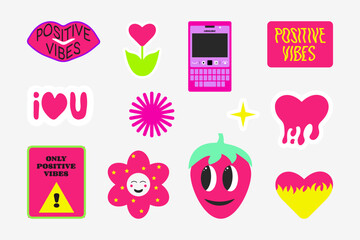 Collection of cute stickers. Funky, hipster stickers. y2k style.
